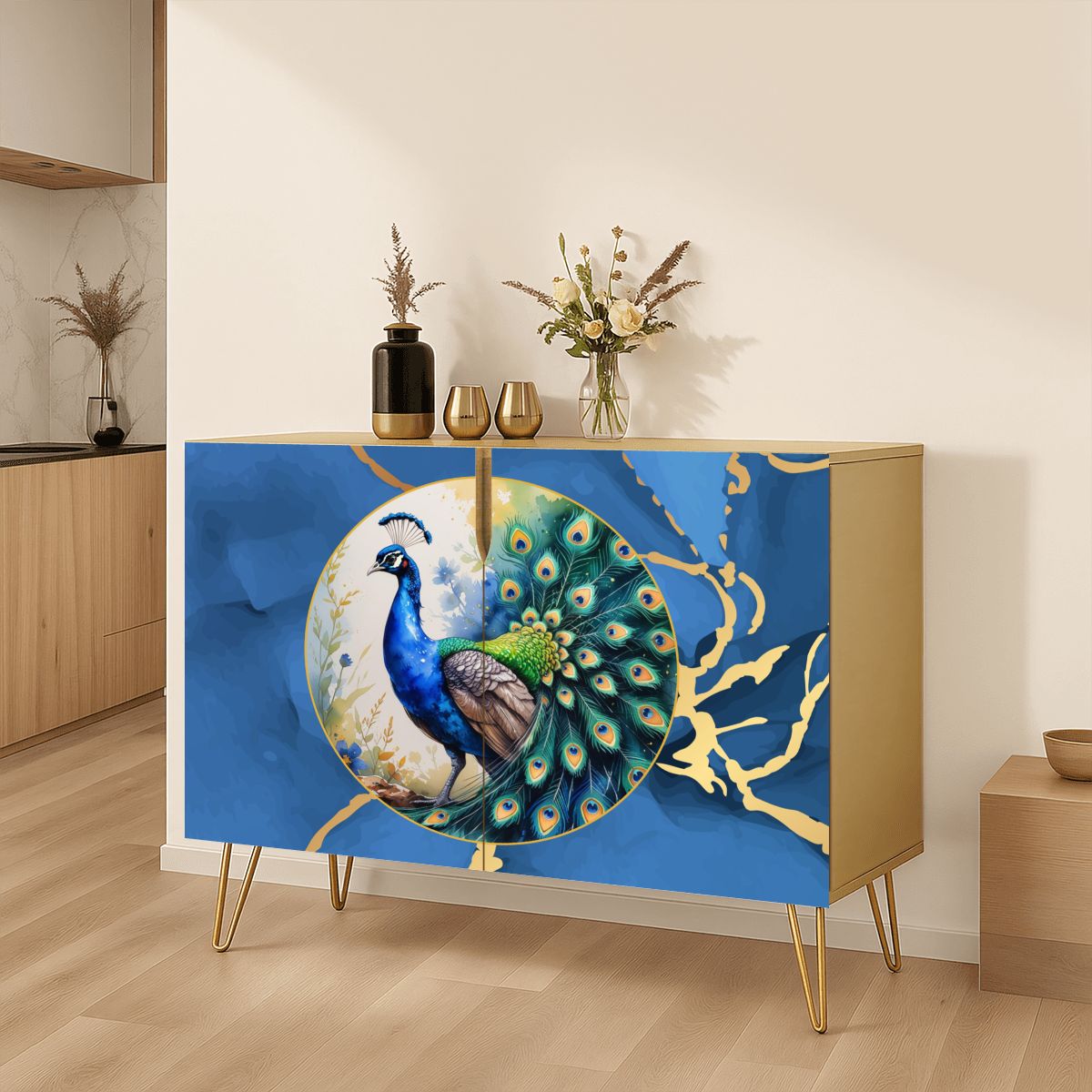 Asian Chinoiserie Golden Gilded Watercolor Peacock Modern Wooden Cabinet - Splash of Color Co.