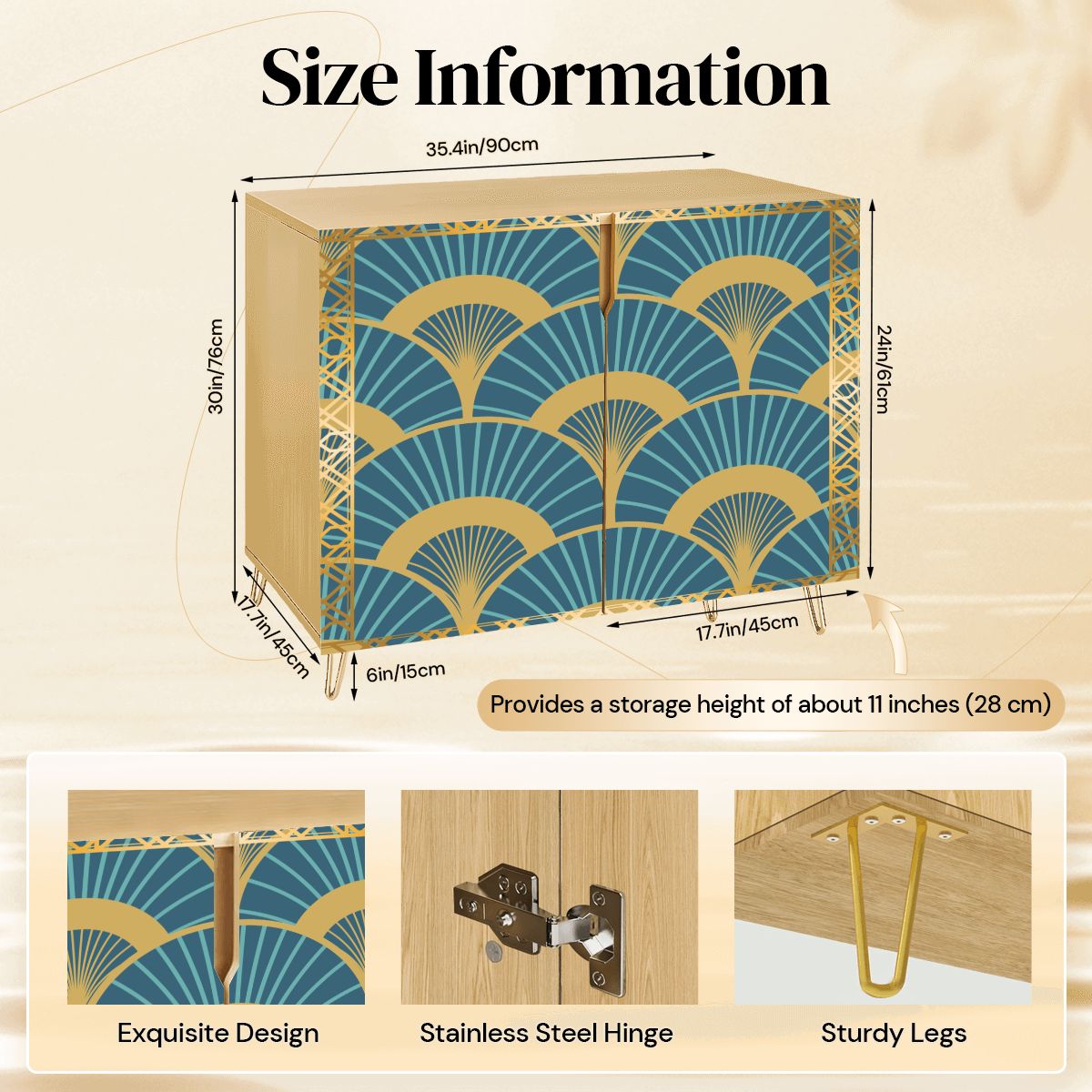 Golden Gilded Teal Art Deco Fan Pattern Modern Wooden Storage Cabinet - Splash of Color Co.