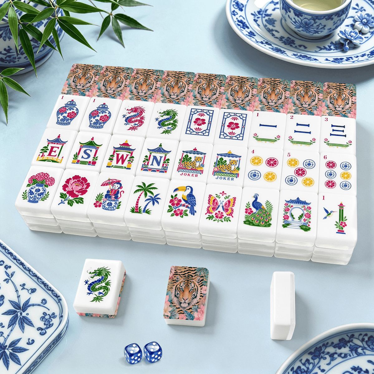Tiger es' Tropical Chinoiserie Jungle Mahjong Tiles And Carry Case - Splash Of Mahj And Color Co.
