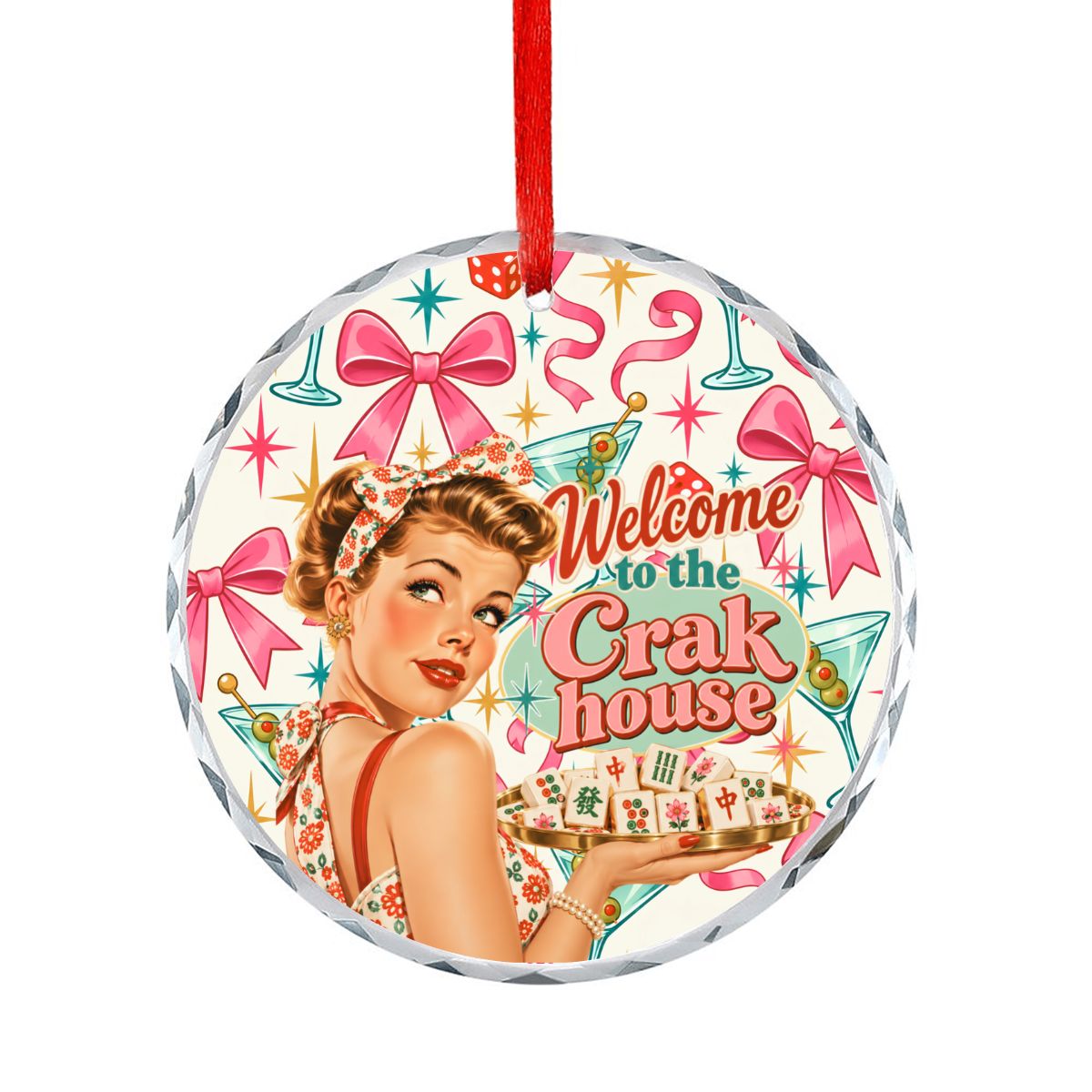 Welcome To The Crak House Funny Nostalgic Round Glass Christmas Ornament - Splash Of Mahj And Color Co.