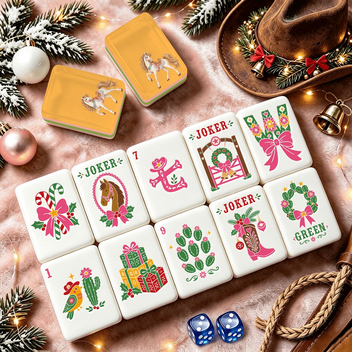 Holiday Ho Down Western Christmas Mahjong Tiles Layered And Engraved