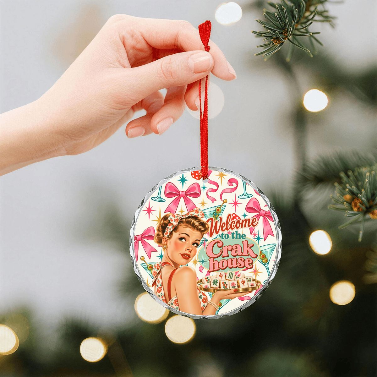 Welcome To The Crak House Funny Nostalgic Round Glass Christmas Ornament - Splash Of Mahj And Color Co.