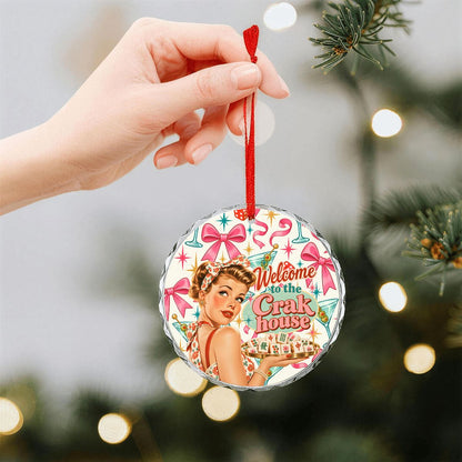 Welcome To The Crak House Funny Nostalgic Round Glass Christmas Ornament - Splash Of Mahj And Color Co.