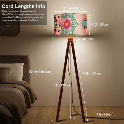 Bohemian Watercolor Pink Teal Floral Modern Tripod Floor Lamp