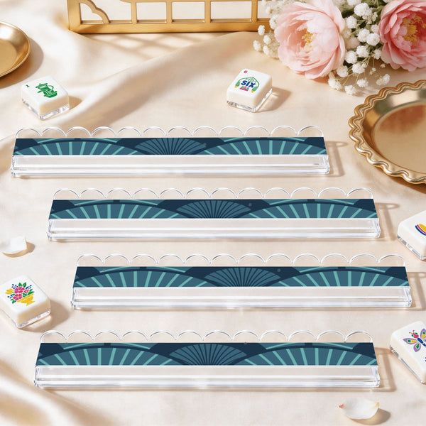 Art Deco Blue Extended Mahjong Rack Set of 4 Scalloped Magnetic Tile Pusher 20' - Splash Of Mahj And Color Co.