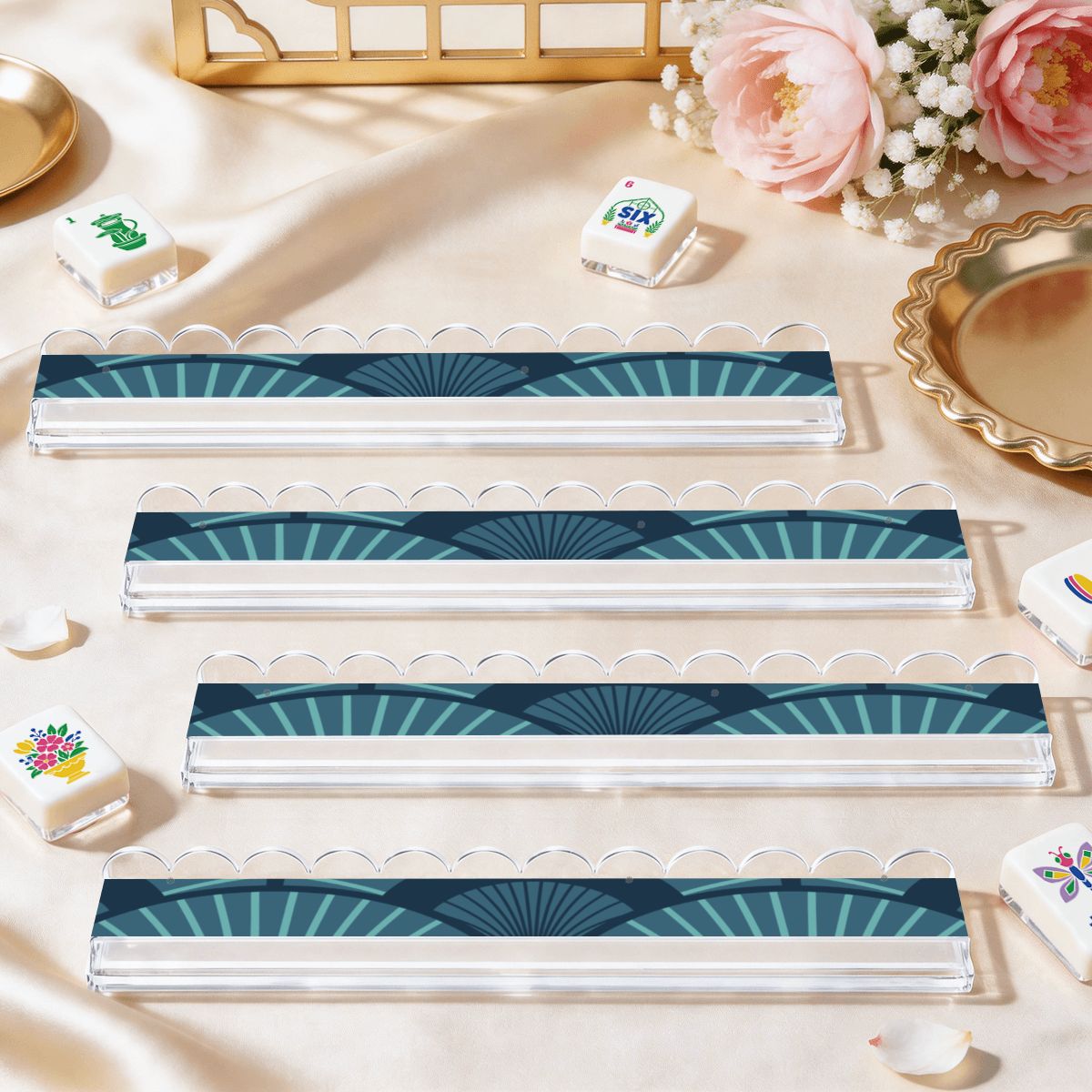 Art Deco Blue Extended Mahjong Rack Set of 4 Scalloped Magnetic Tile Pusher 20' - Splash Of Mahj And Color Co.