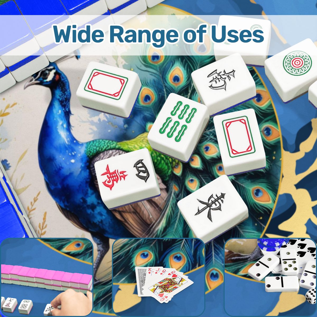 Blue Gold Gilded Peacock Scalloped Mahjong Mat