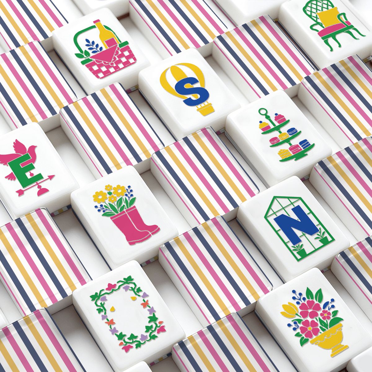 Preppy Pastel Striped Floral Garden Mahjong Tiles