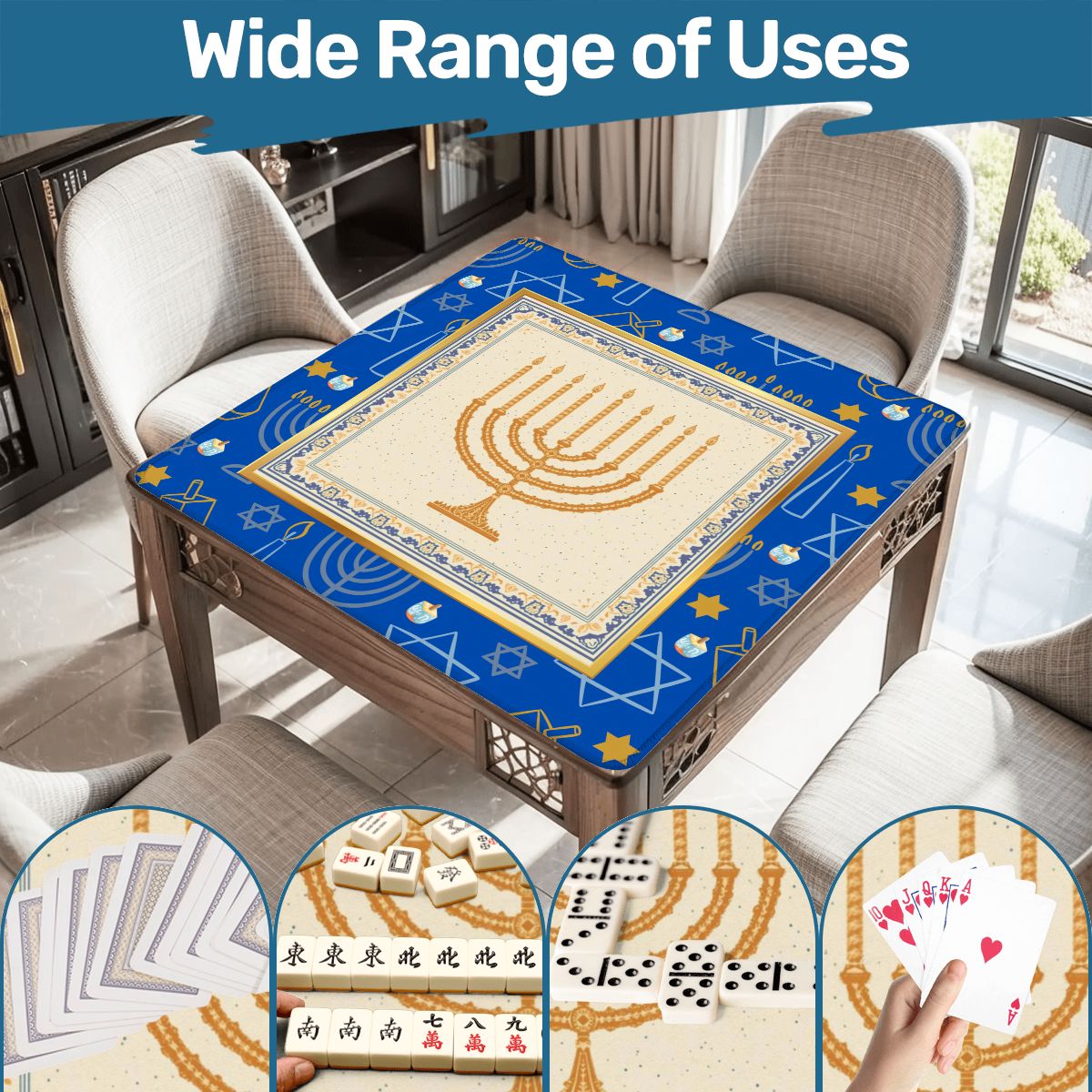 Hanukkah Mahjong Mat With Menorah And Dreidels - Splash of Color Co.