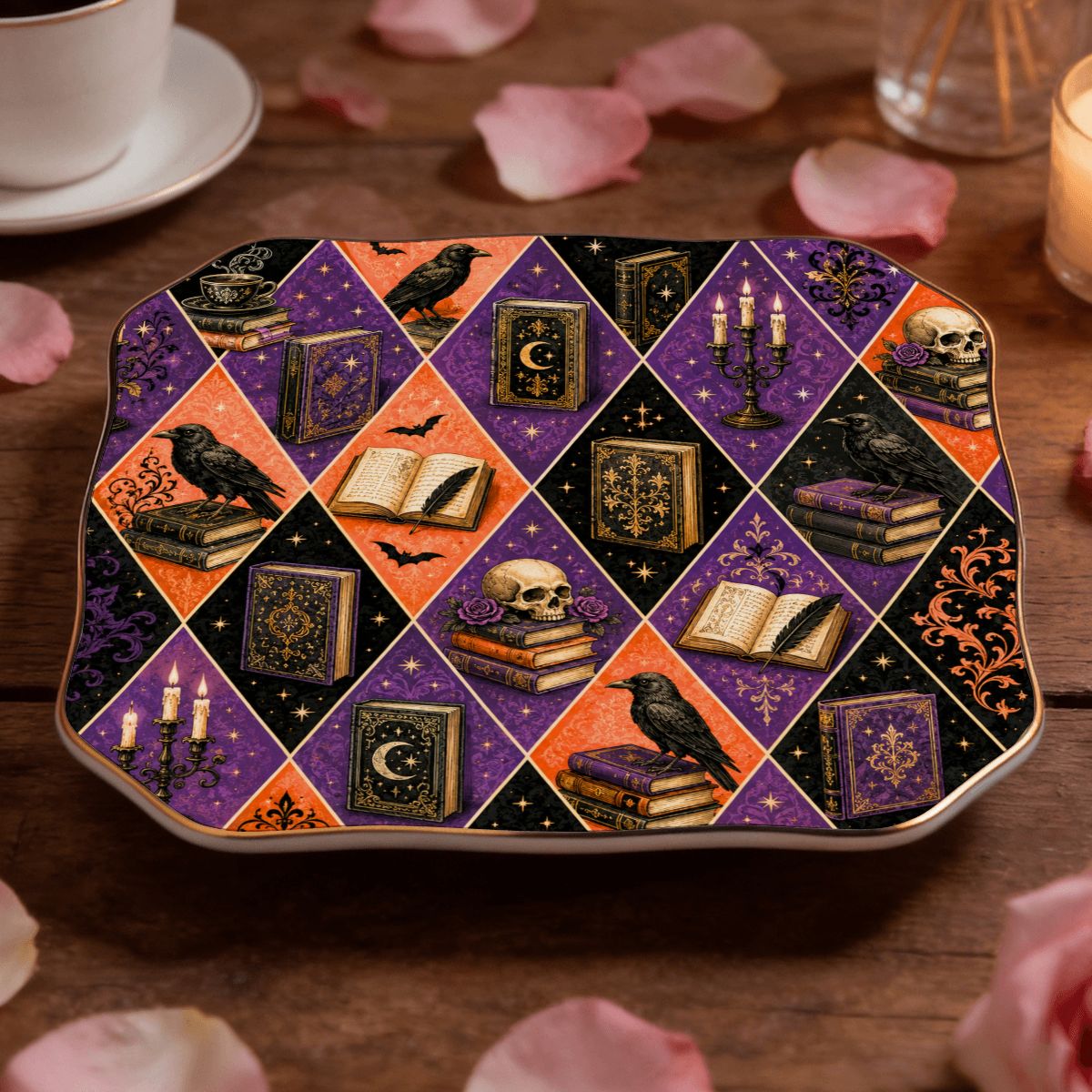 Harlequin Poe Halloween Fall Scalloped Ceramic Mahjong Dice Tray