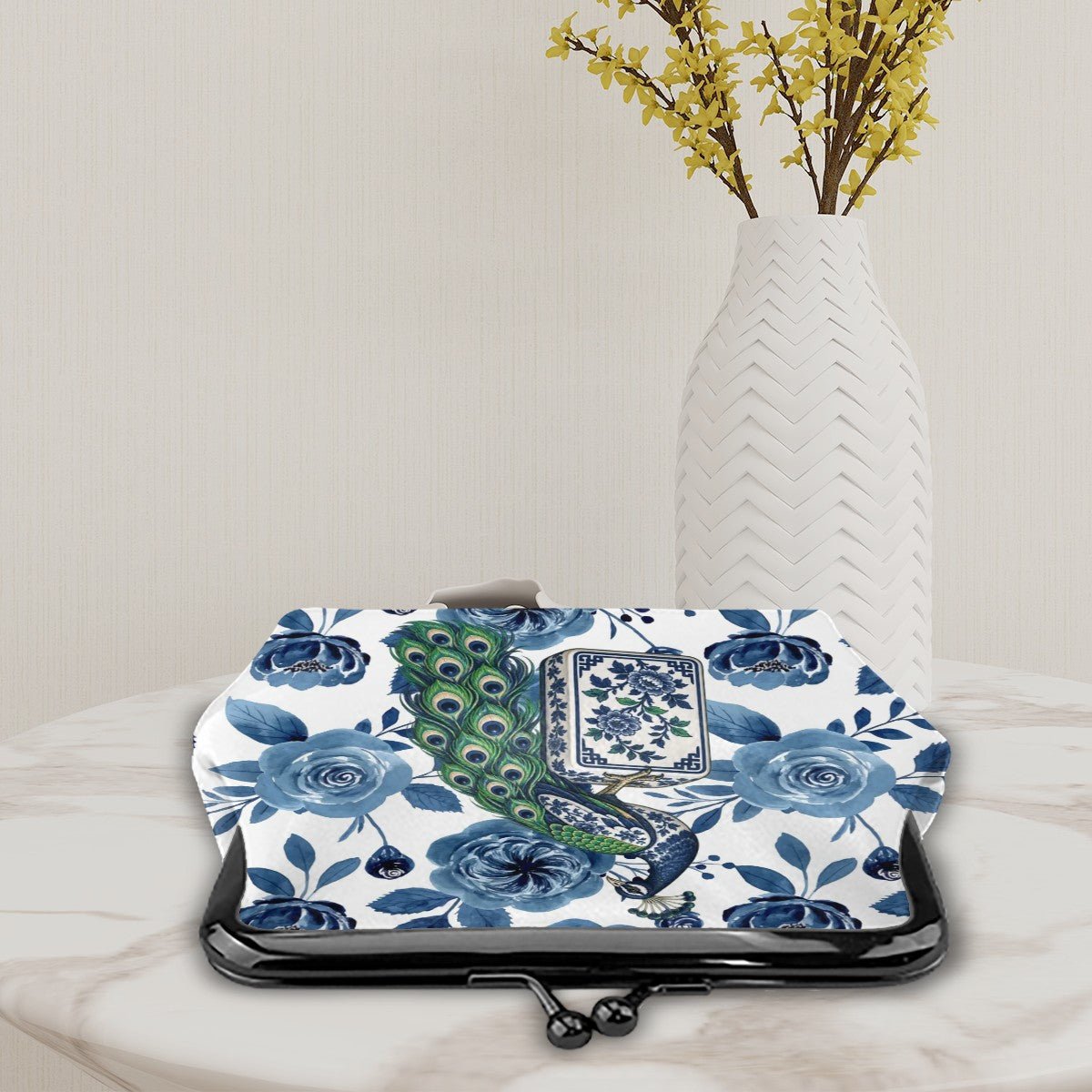 Proud As A Peacock Blue Chinoiserie Mahjong Women's Leather Kiss Lock Coin Purse - Splash Of Mahj And Color Co.
