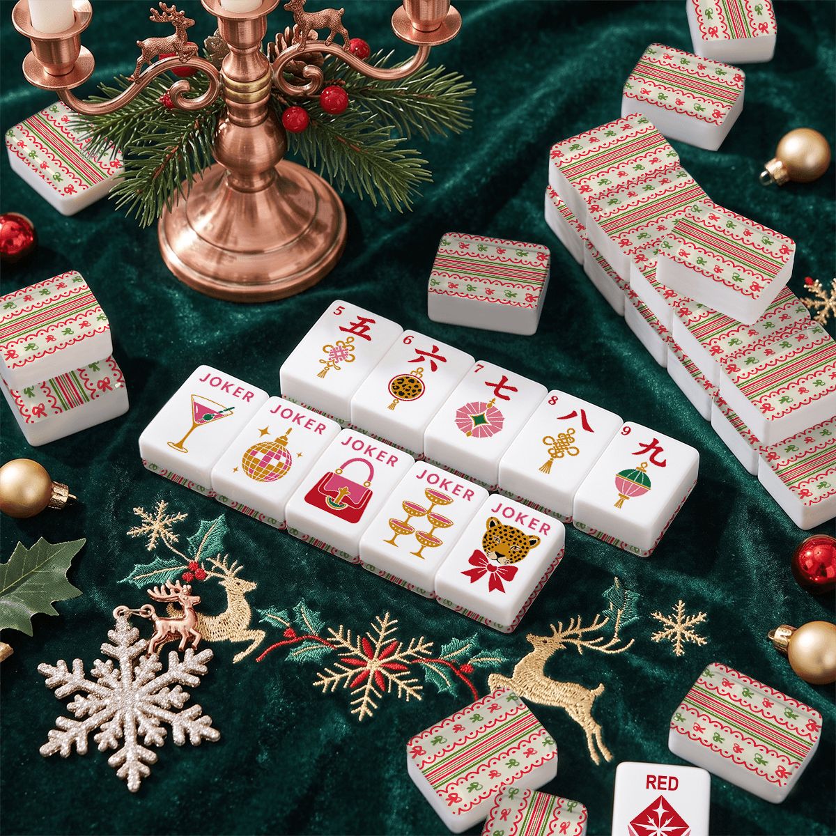 Ribbon Tidings Mahjong Christmas Engraved Tiles And Carry Case - Splash Of Mahj And Color Co.
