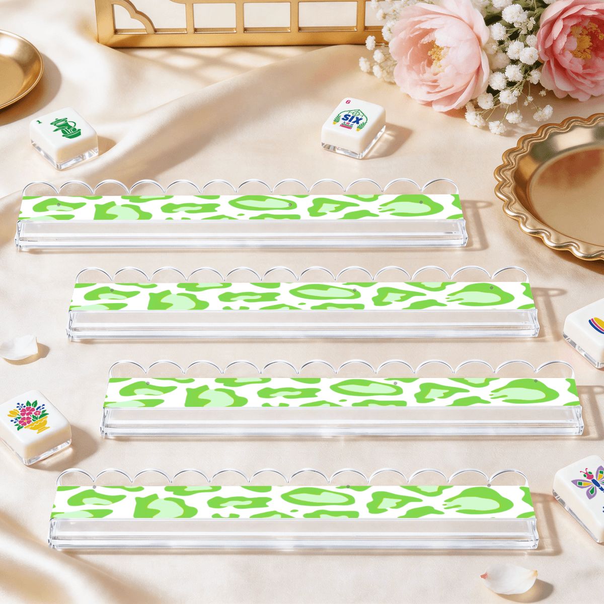 Lime Green Cheetah Print Extended Mahjong Rack Set of 4  Scalloped Magnetic Tile Pusher