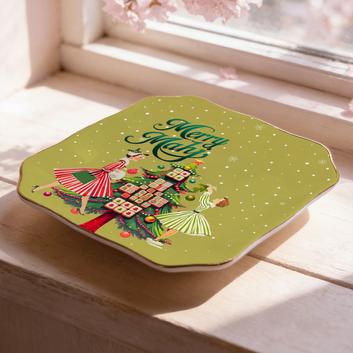 Merry Mahj Christmas Scalloped Ceramic Mahjong Dice Tray