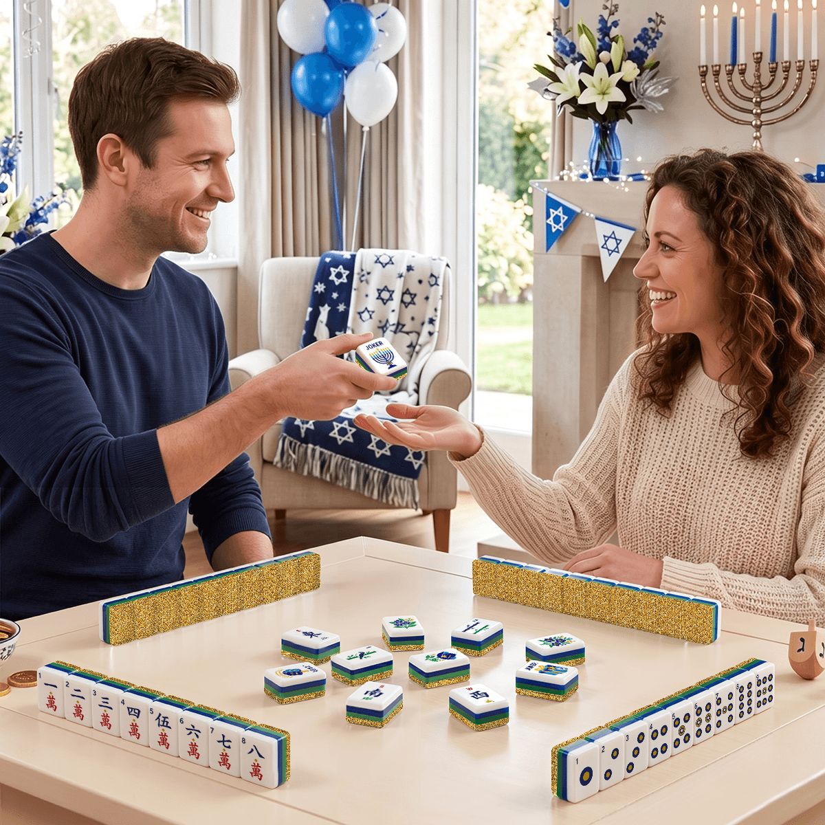 Deco Gold Hanukkah Mahjong Tiles And Carry Case - Splash Of Mahj And Color Co.