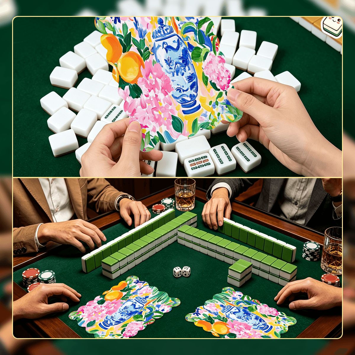 Sunny Citrus Chinoiserie Scalloped Mahjong Shuffler Cards Set of 4 - Splash Of Mahj And Color Co.