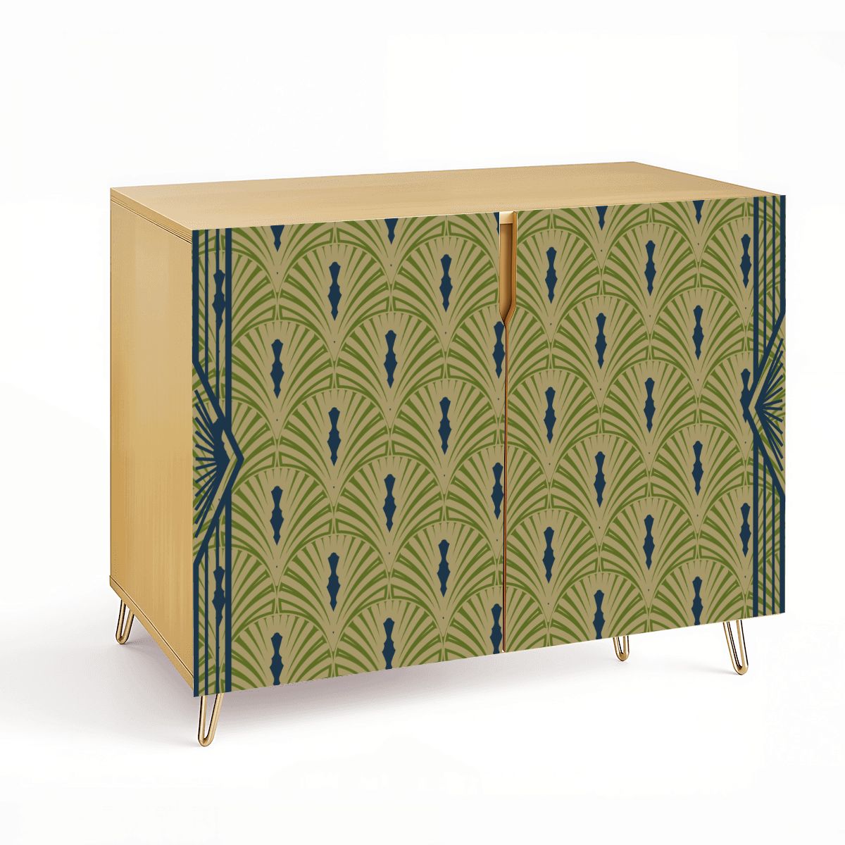 Art Deco Modern Wooden Storage Cabinet, Army Green, Royal Blue Fan Design - Splash of Color Co.