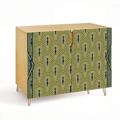 Art Deco Modern Wooden Storage Cabinet, Army Green, Royal Blue Fan Design - Splash of Color Co.