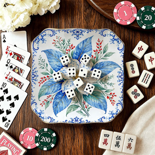 Tobacco Leaf Winterberry Scalloped Ceramic Mahjong Dice Tray