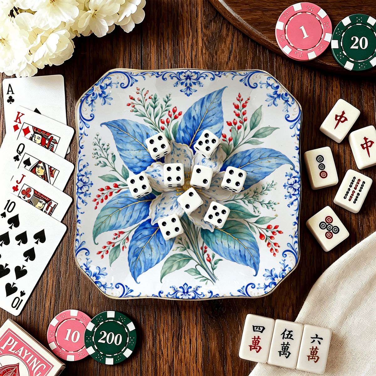 Tobacco Leaf Winterberry Scalloped Ceramic Mahjong Dice Tray