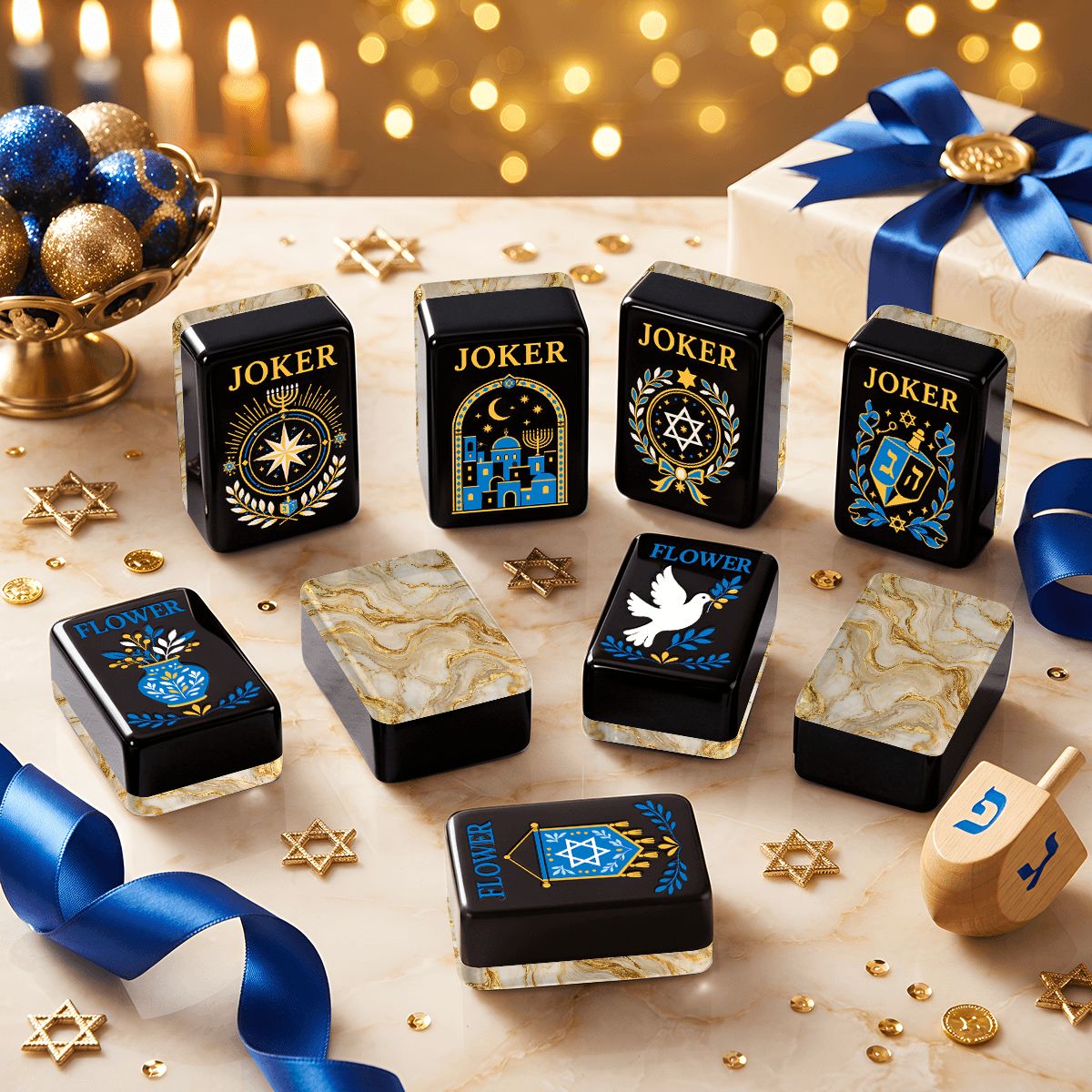 Gold Gilded Marbled Starry Night Hanukkah Mahjong Tiles And Carry Case