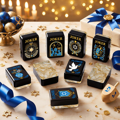 Gold Gilded Marbled Starry Night Hanukkah Mahjong Tiles And Carry Case