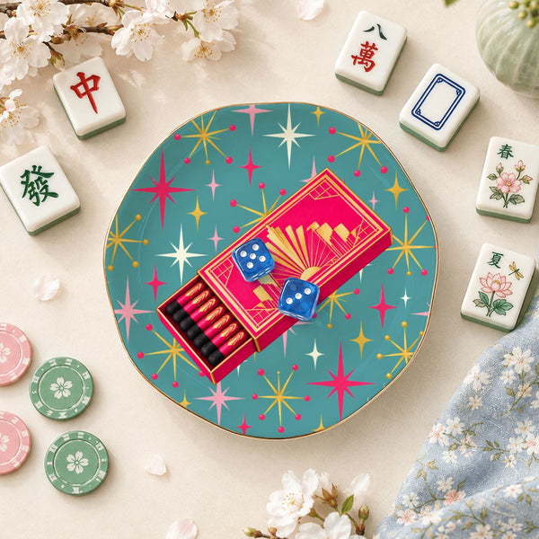 Modtastic Art Deco Matchsticks Round Scalloped Ceramic Mahjong Dice Tray