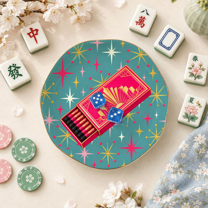 Modtastic Art Deco Matchsticks Round Scalloped Ceramic Mahjong Dice Tray