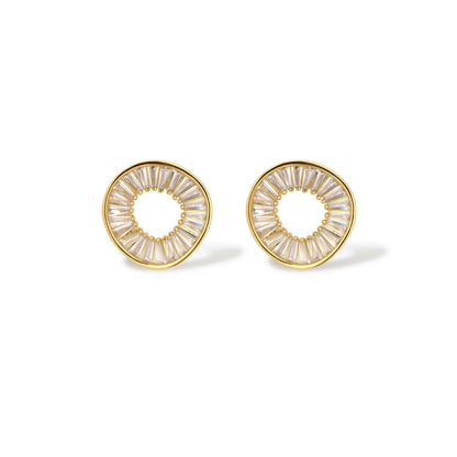 Gold-plated necklace and earring set with circular CZ crystal pendants featuring radial design on cream background