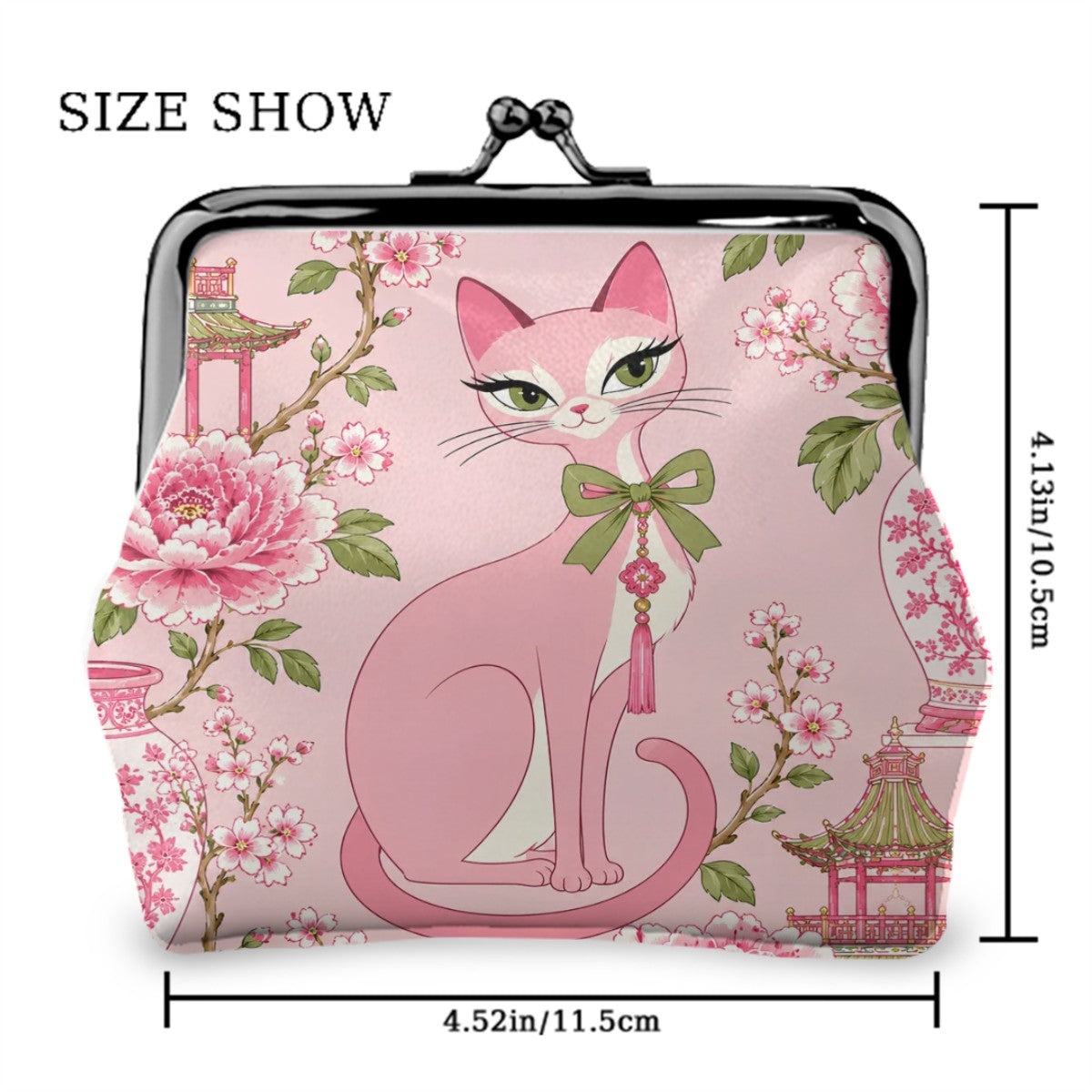 Pink Pagoda Peony Purr Women's Leather Kiss Lock Coin Purse