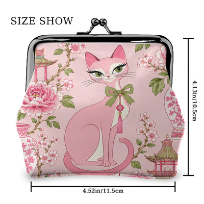 Pink Pagoda Peony Purr Women's Leather Kiss Lock Coin Purse