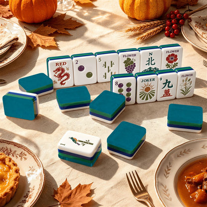 Teal Tuscan Earthy Botanical 4 Layer Engraved American Mahjong Tiles And Carry Case