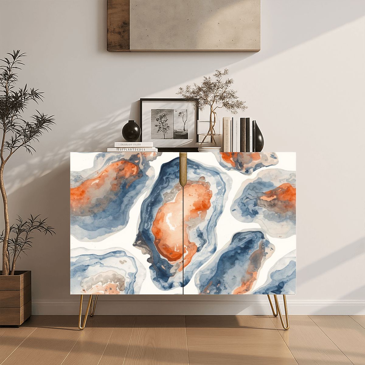 Blue Oyster Watercolor Modern Wooden Storage Cabinet - Splash of Color Co.
