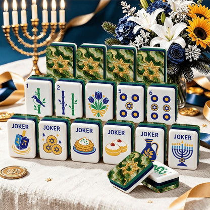 Green Marbled Star Of David Hanukkah Mahjong Tiles And Carry Case - Splash Of Mahj And Color Co.