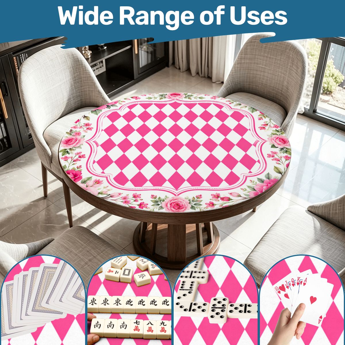 Harlequin Romance Hot Pink Vintage Floral Round Mahjong Mat