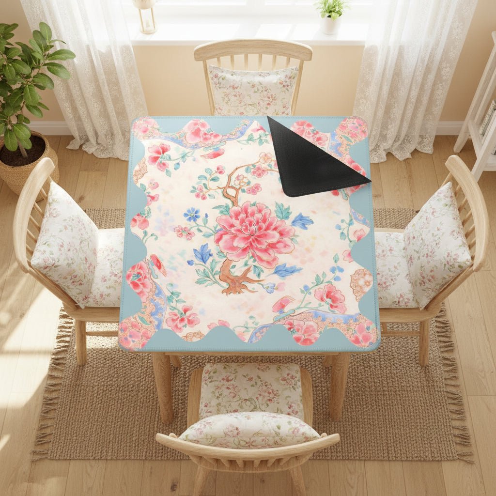 Famille Rose Pink Peony, Baby Blue Floral Chinoiserie Mahjong Mat - Splash of Color Co.