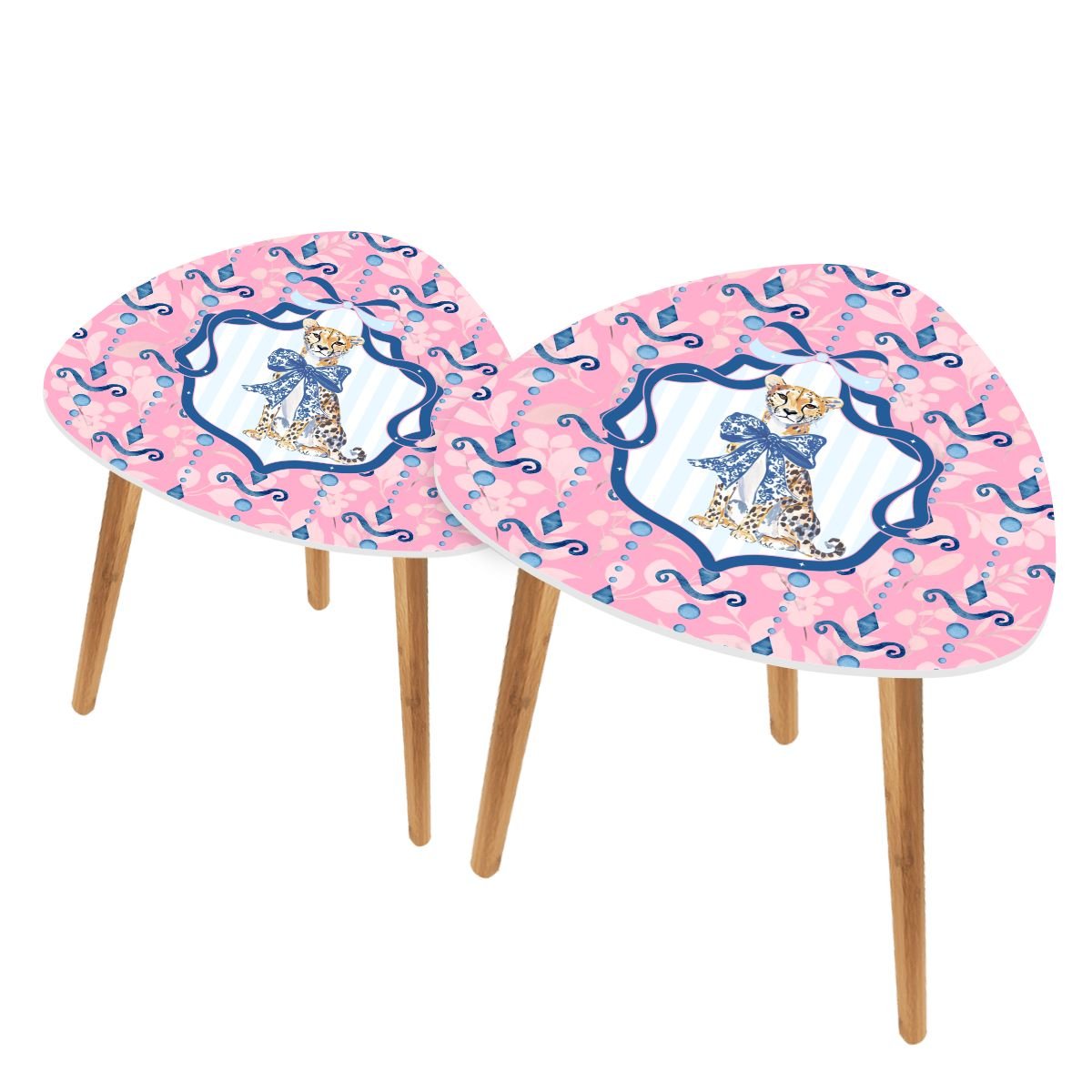 Charleston Cheetah Preppy Pink Blue Modern Nesting Tables - Splash of Color Co.