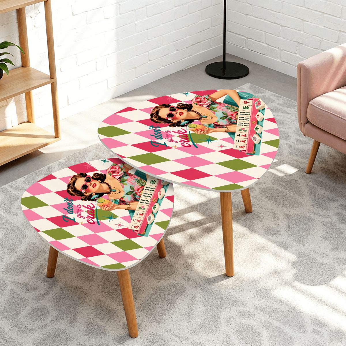Funny I Don't Give A Crak Harlequin Designed Mahjong Side Nesting Tables