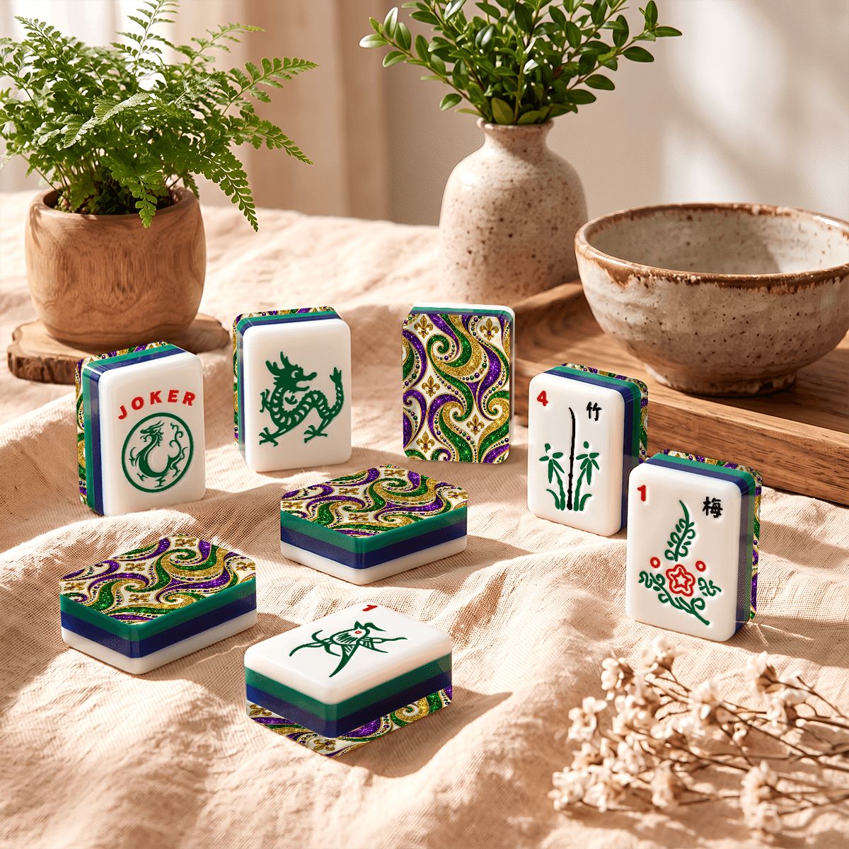 Mardi Gras Fleur de lis Gold And Glitz 4Layer American Mahjong Tiles With Carry Case - Splash Of Mahj And Color Co.