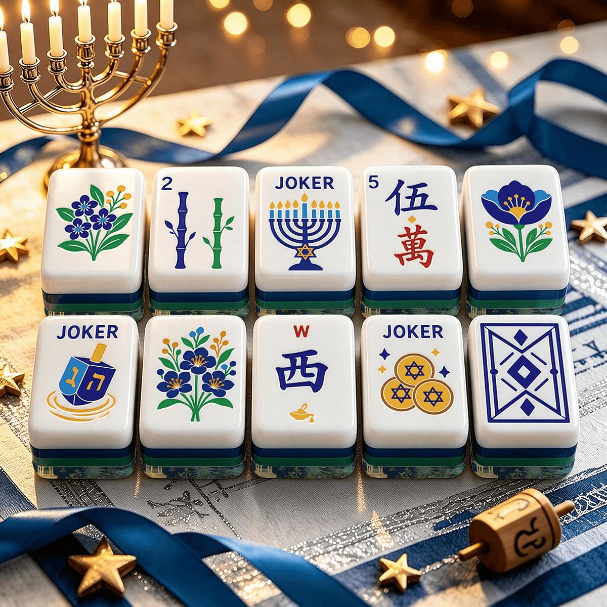Chinoiserie Asian Pagoda Green And Blue Hanukkah Mahjong Tiles And Carry Case - Splash Of Mahj And Color Co.
