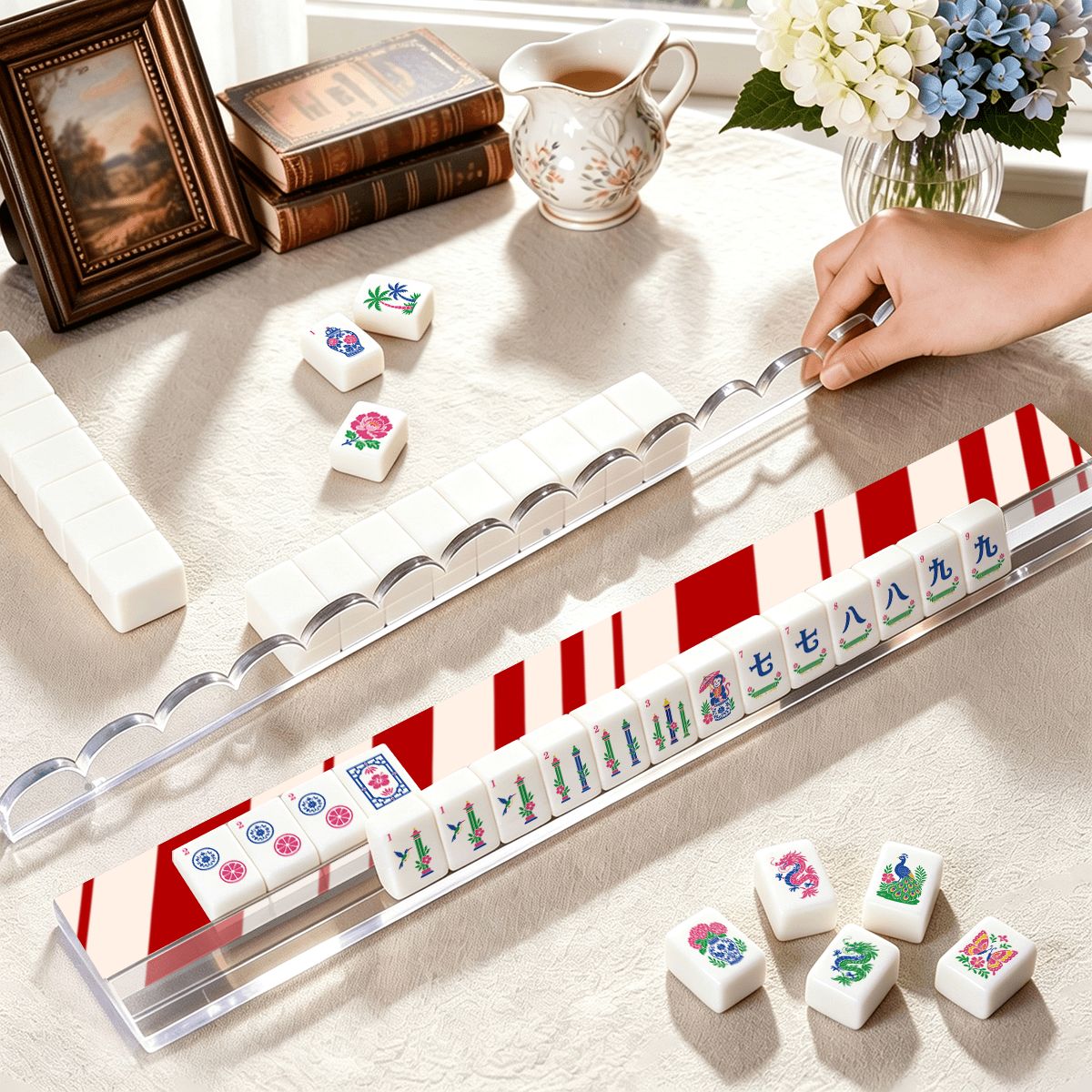 Candycane Christmas Extended Mahjong Rack Set of 4  Scalloped Magnetic Tile Pusher 20'