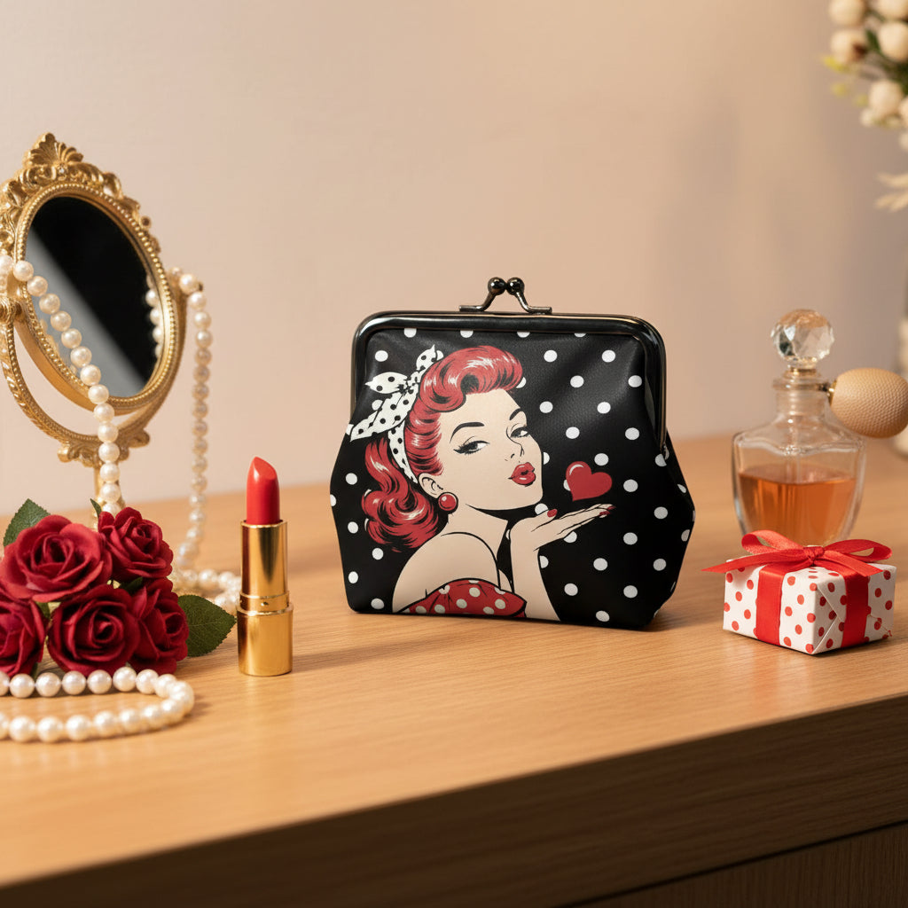 50s Modcentric Sassy Red Head Polka Dotted Women's Leather Kiss Lock Coin Purse