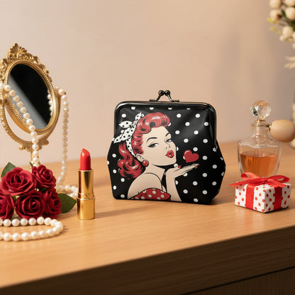 50s Modcentric Sassy Red Head Polka Dotted Women's Leather Kiss Lock Coin Purse