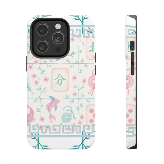 Whimsical Mahjong Tile Pastel Preppy Tough Phone Cases with Vibrant Oriental Designs Mahj Lover Gift