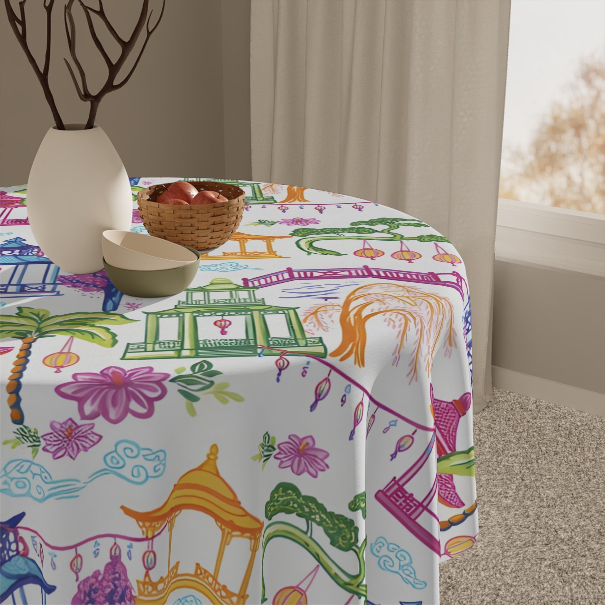 Chinoiserie Pagoda Mahjong Tablecloth – Asian Garden Pattern Decorative Table Cover - Splash of Color Co.