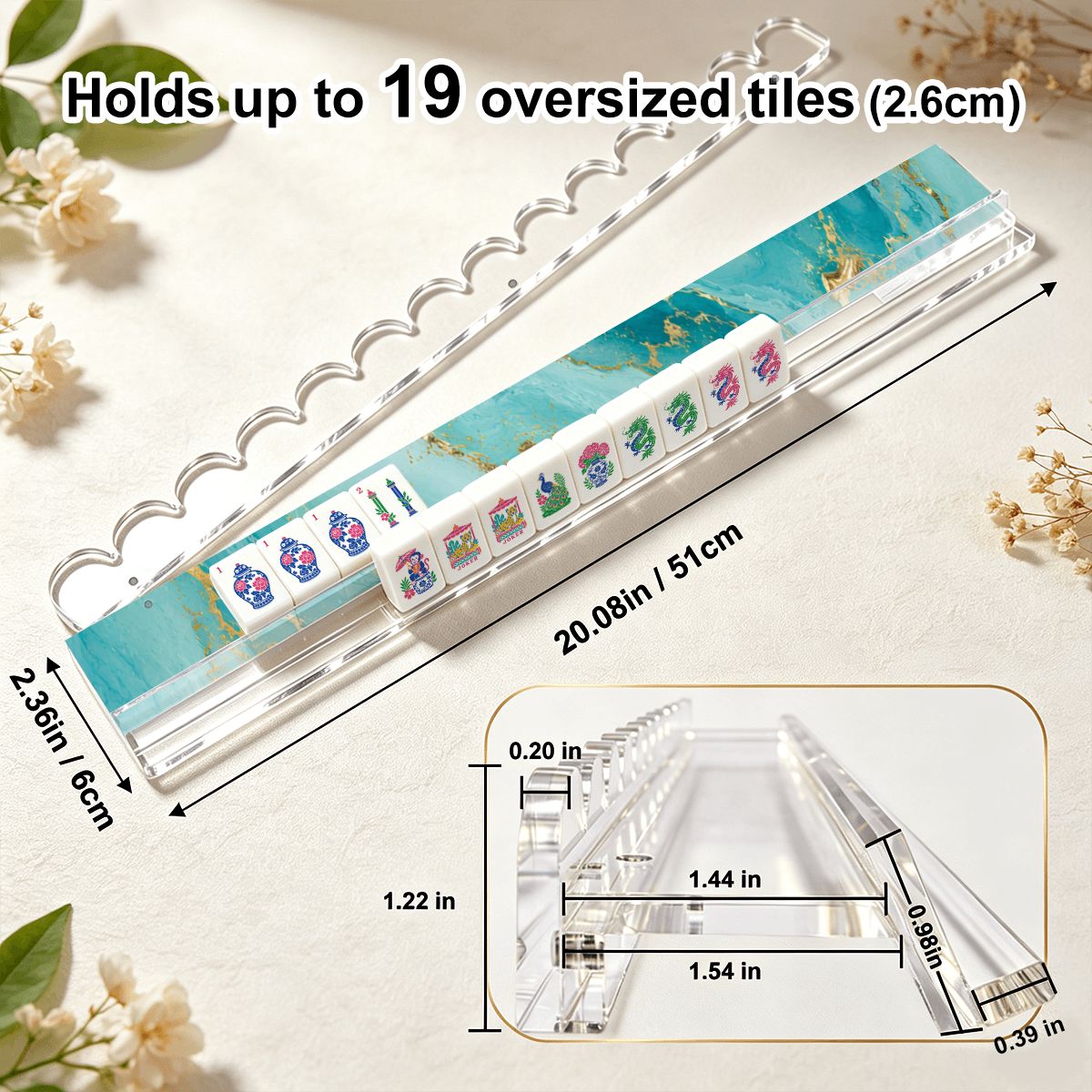 Aqua Tidal Wave Extended Mahjong Rack Set of 4 Scalloped Magnetic Tile Pusher 20' - Splash Of Mahj And Color Co.