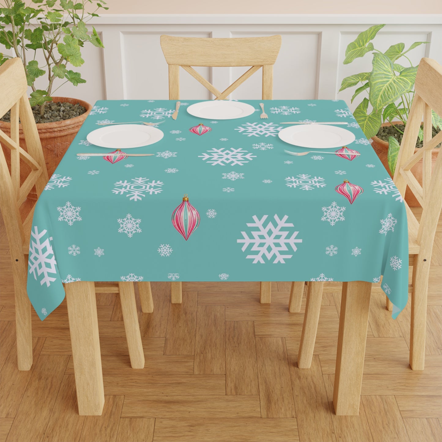 Shiny Brite Aqua Snowflake Tablecloth with Pink Ornaments — Holiday Winter Table Cover - Splash Of Mahj And Color Co.