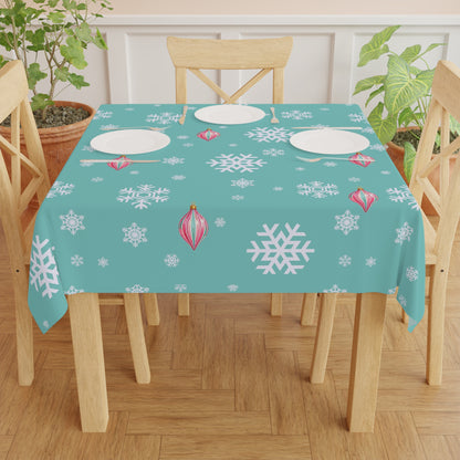 Shiny Brite Aqua Snowflake Tablecloth with Pink Ornaments — Holiday Winter Table Cover - Splash Of Mahj And Color Co.