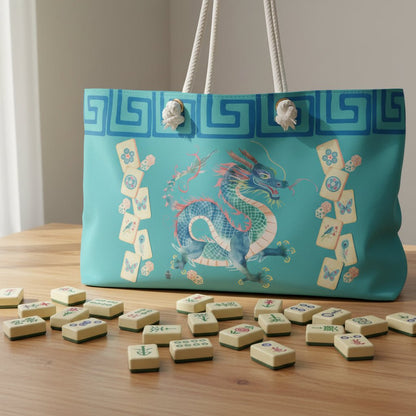 Turquoise Floral Watercolor Dragon Mahjong Tile Bag — Spacious Travel Tote with Asian - Inspired Motif - Splash of Color Co.