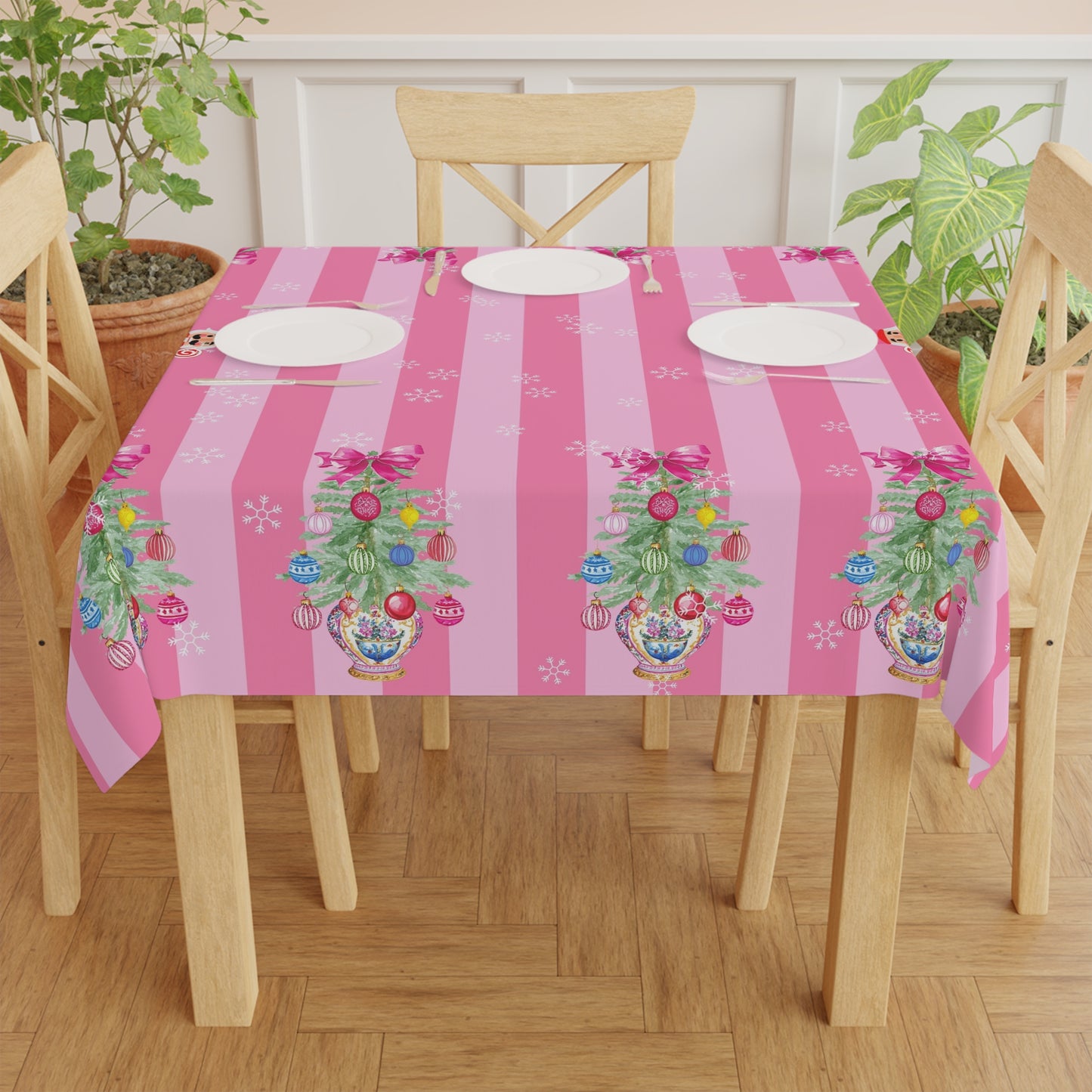 Whimsical Nutracker Chinoiserie Christmas Trees, Pink Striped Tablecloth - Splash of Color Co.